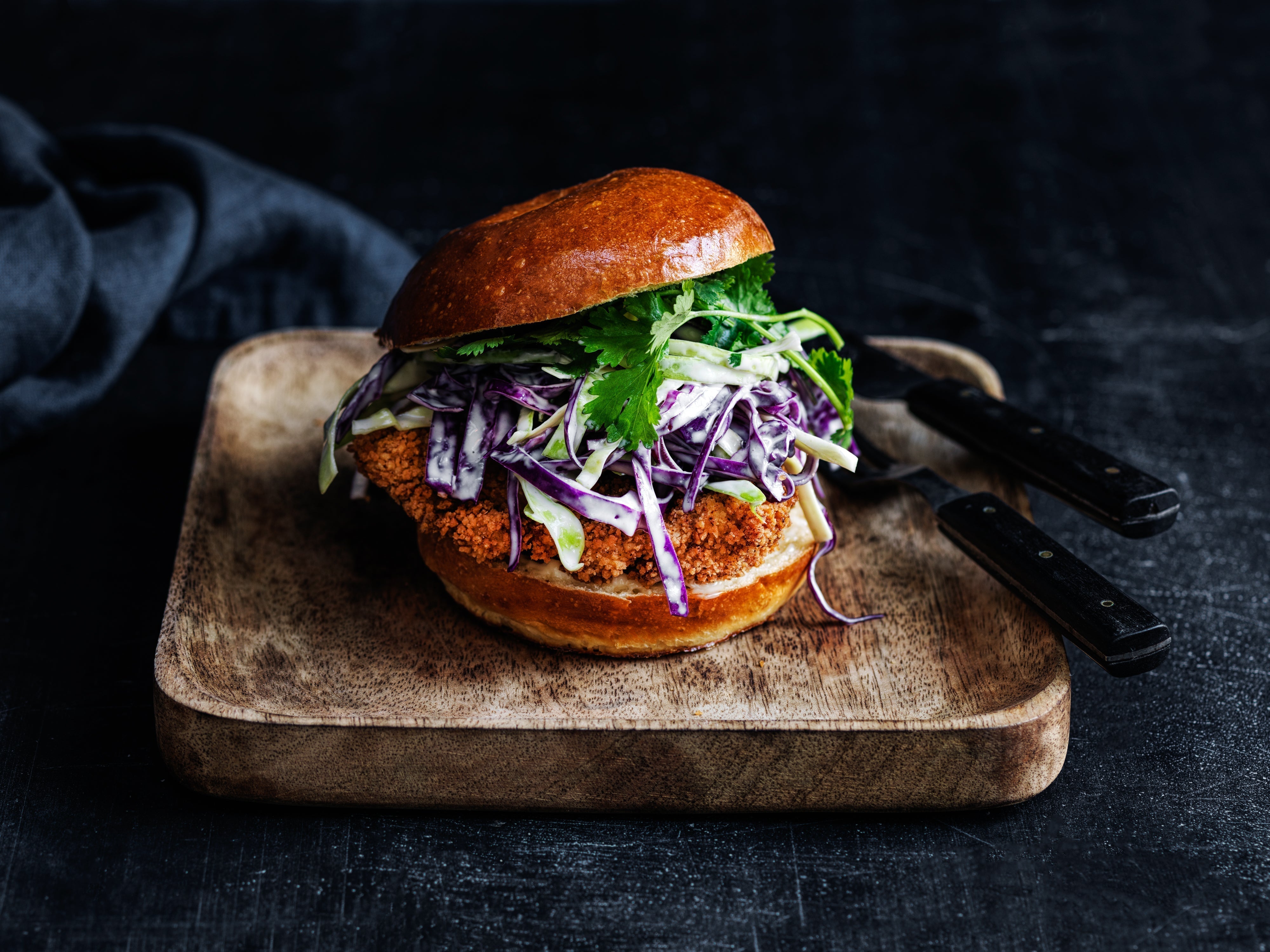 Crispy chicken burger with spicy slaw